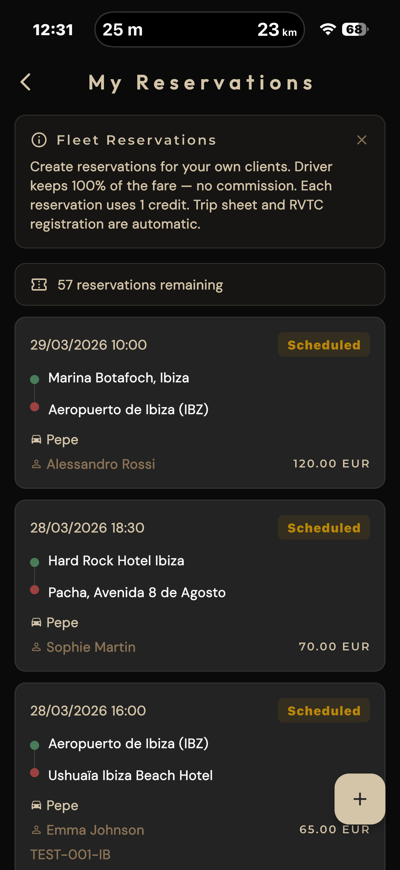 Reservas entrantes con tarifa, recogida y destino