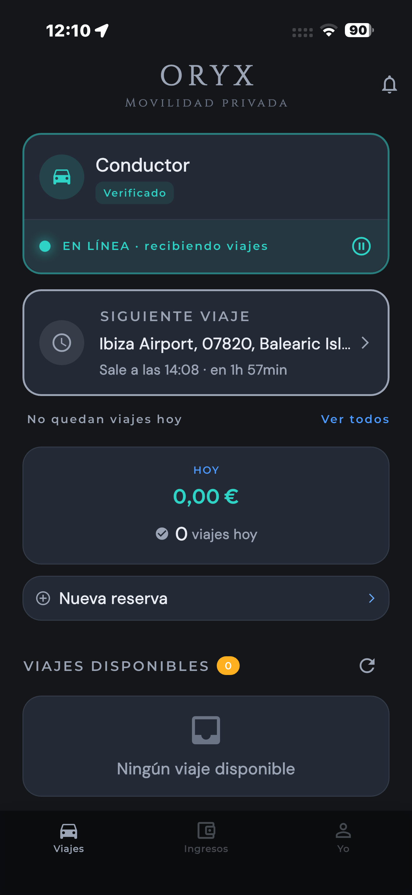 Pantalla del conductor: en línea y recibiendo viajes